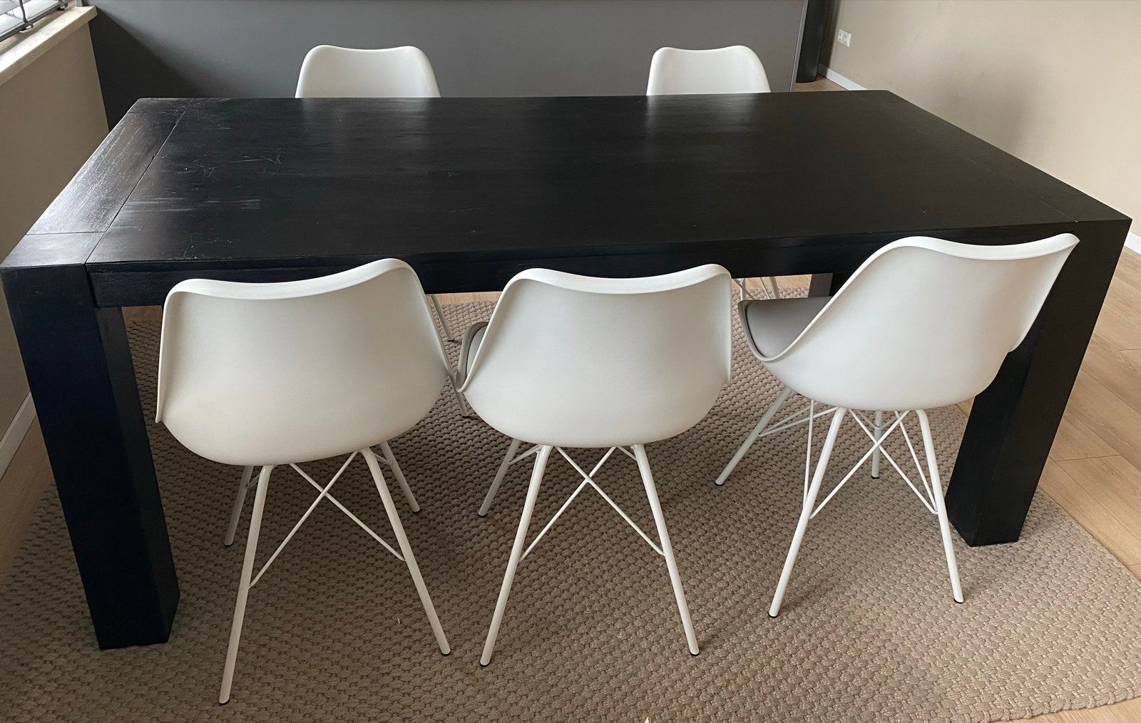 5 Witte JYSK Eetkamerstoelen, Ophalen, Kunststof, Gebruikt, Wit