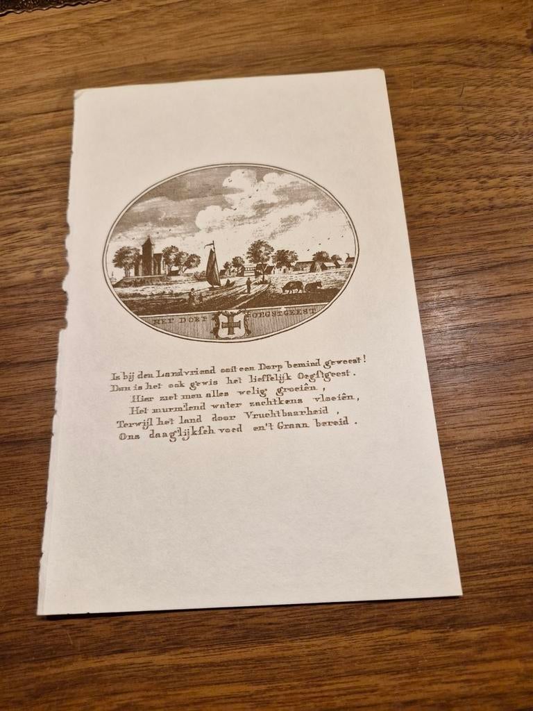 Oude Prent  met gedicht en dorpsgezicht Oestgeest, Verzamelen, Ophalen of Verzenden, Voor 1940, Gebruikt