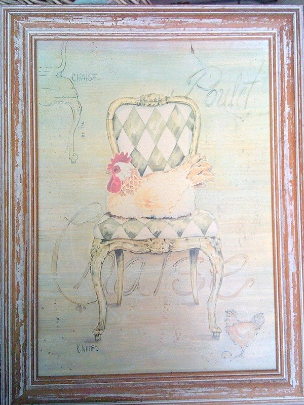 Brocante look houten lijst met kip op stoel ;-), Antiek en Kunst, Ophalen of Verzenden
