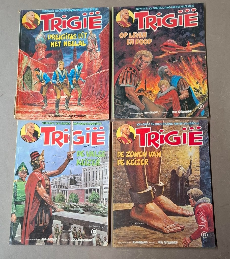 4 x Trigië stripboeken, Meerdere stripboeken, Ophalen of Verzenden, Gelezen, Don Lawrence, Mike Butterworth