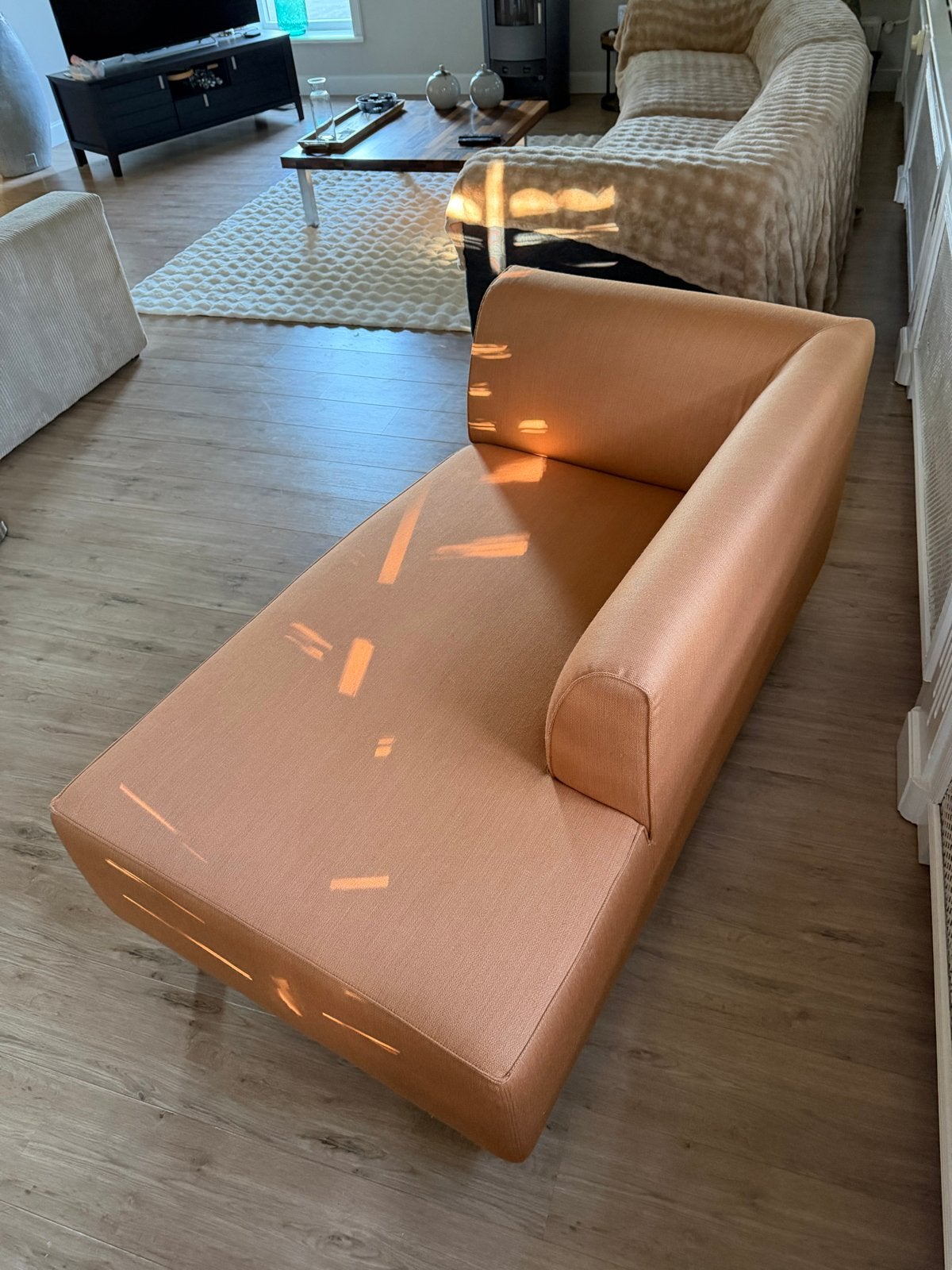 Stijlvolle Gelderland 4800 Chaise Longue - Oranje Stof, Ophalen, Eenpersoons, Zo goed als nieuw, Minder dan 150 cm