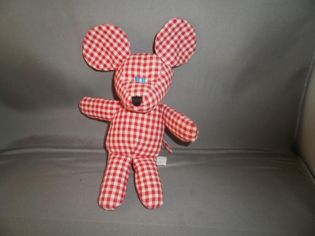 HEMA vintage muis rood wit geblokt katoen 20 cm blauwe ogen, Overige karakters, Ophalen of Verzenden, Zo goed als nieuw, Middelgroot (20 tot 80 cm)