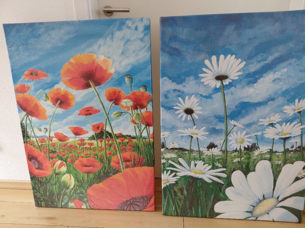 Schilderij: Klaprozen en Madeliefjes (70x100 cm), Ophalen, Zo goed als nieuw, Schilderij, 75 – 100