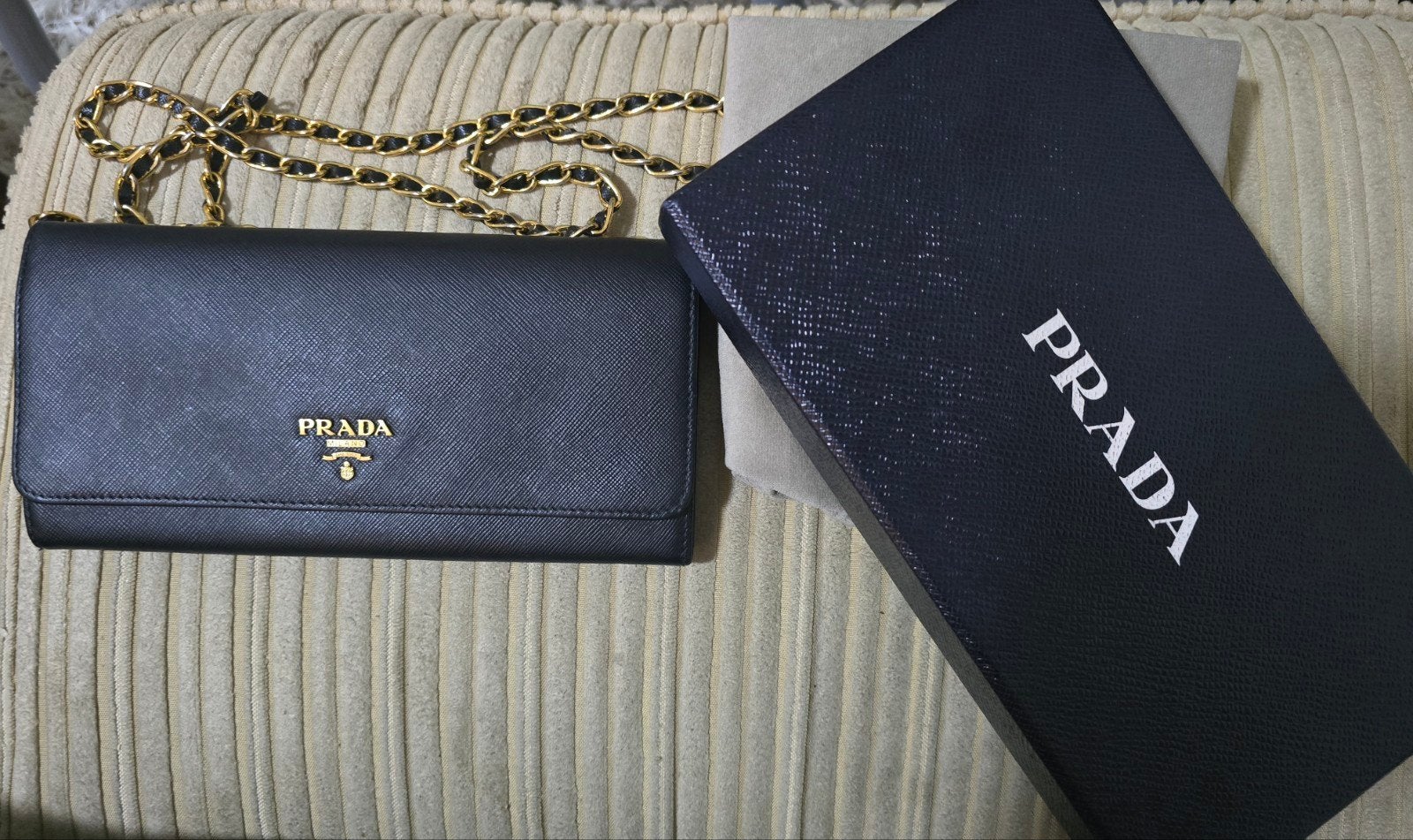Prada Wallet on Chain Saffiano Leer Zwart Goud, Ophalen of Verzenden, Gebruikt, Zwart, Schoudertasje