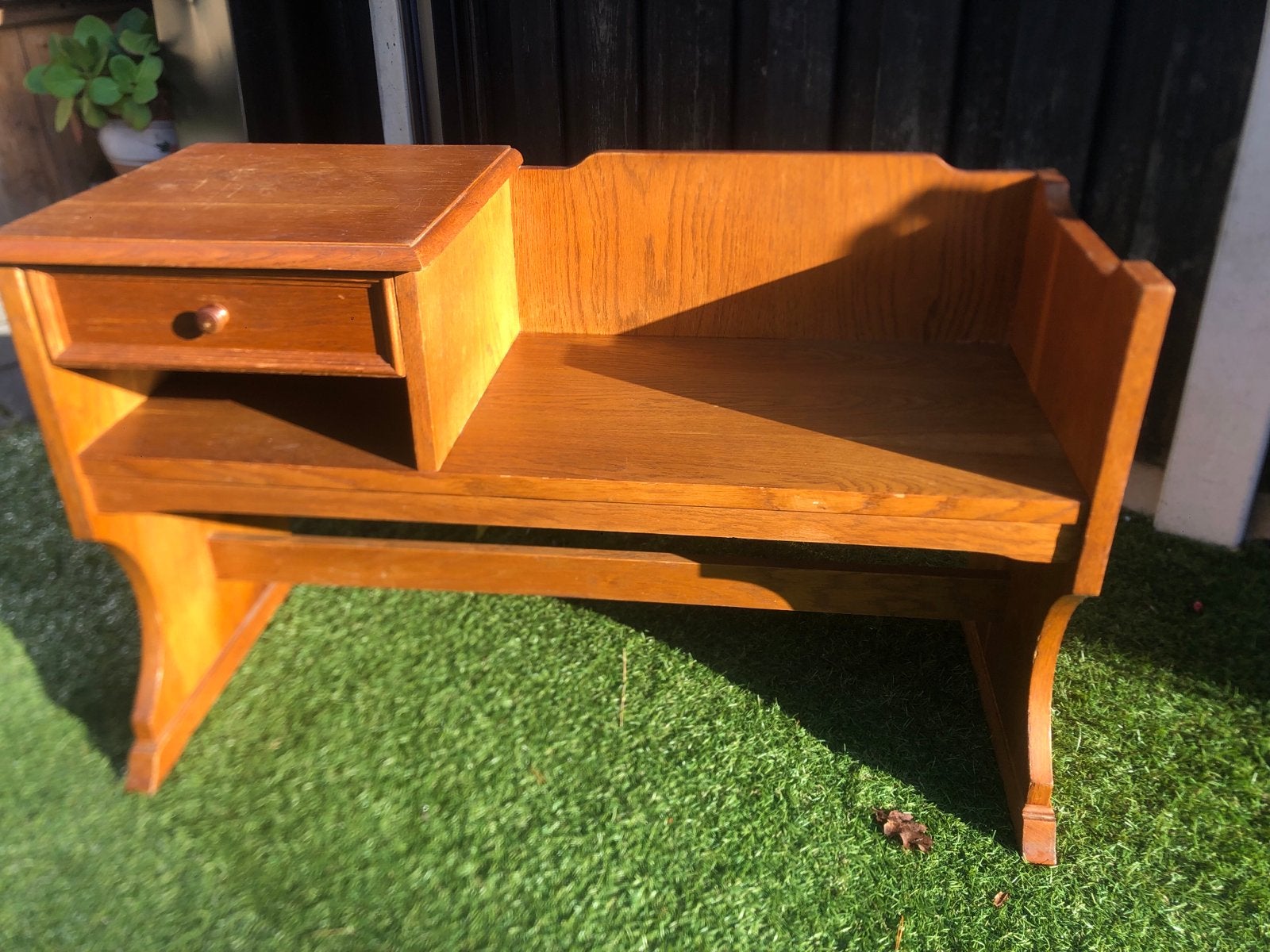 Vintage houten telefoon bankje met lade - Eikenhout, Ophalen of Verzenden