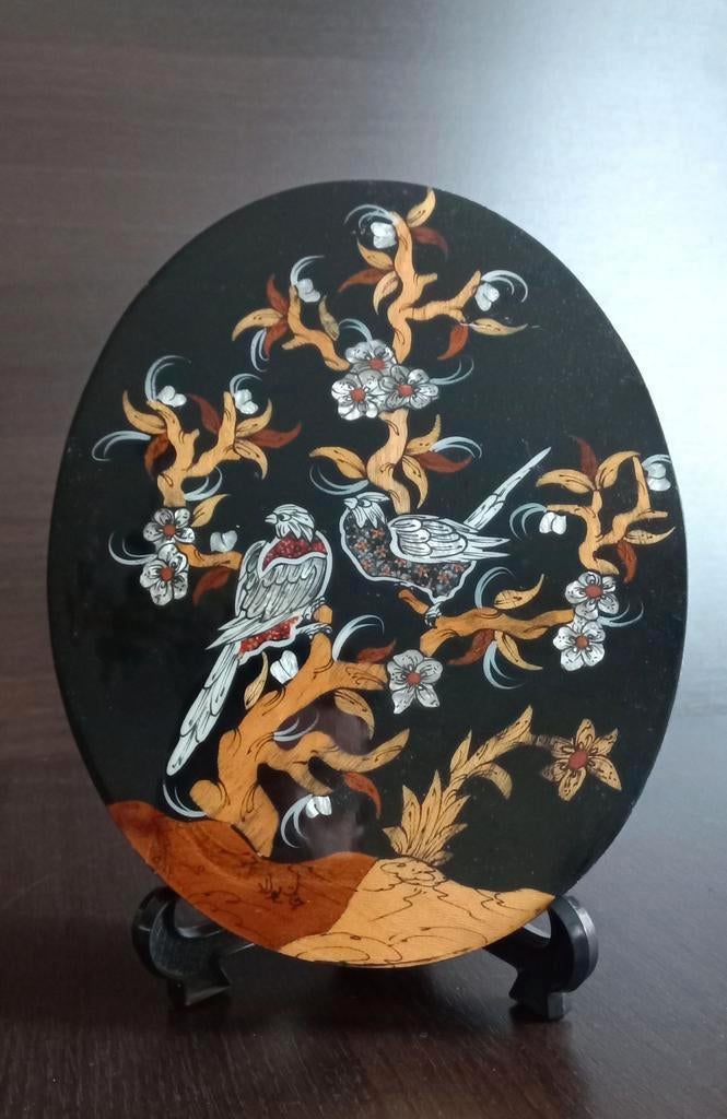 Vintage Ovale Perzische ingelegde marqueterie zwart gelakte, Ophalen of Verzenden