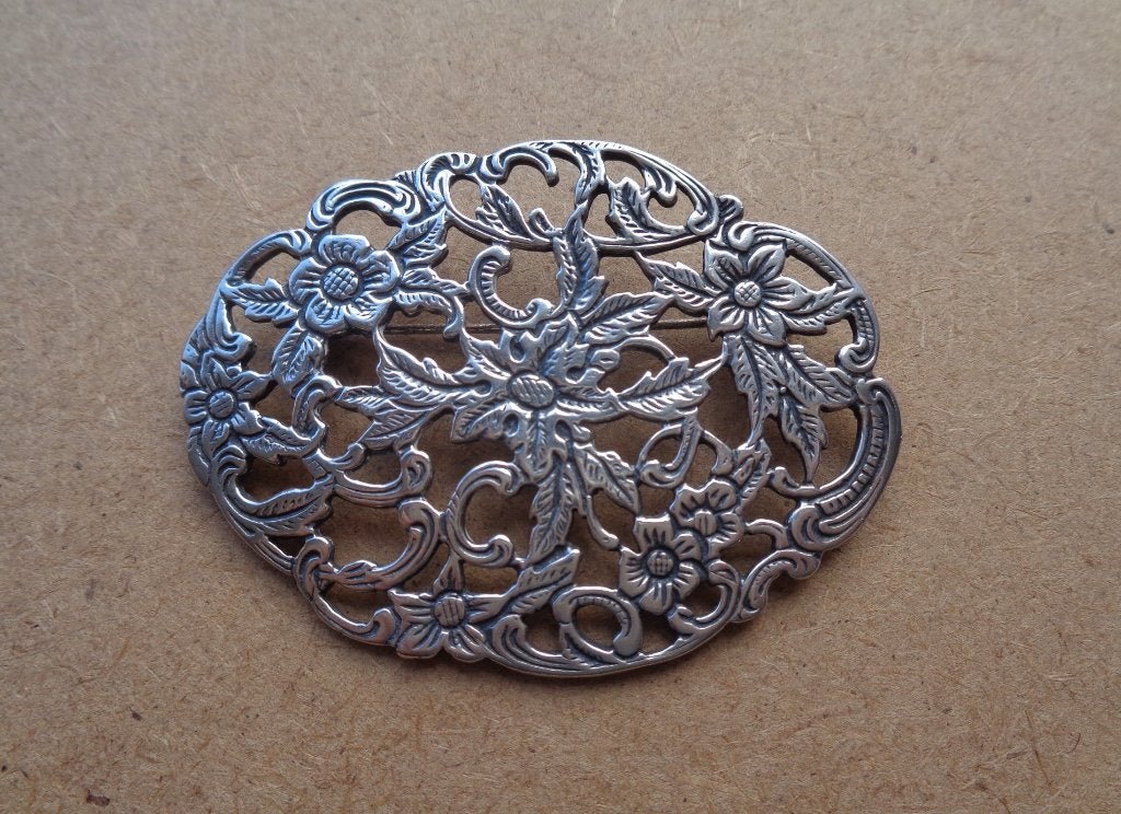 antiek zilveren grote bloemen broche [168], Verzenden, Zilver, Broche