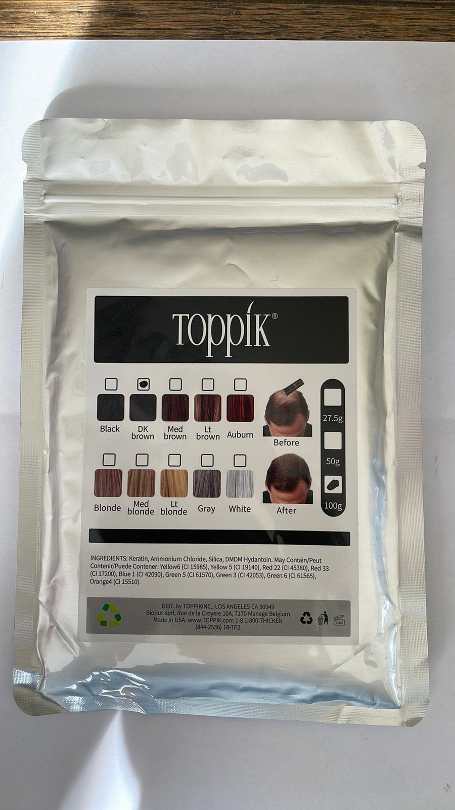 Toppik hairfiber / haarpoeder 100g. Zwart of donkerbruin, Ophalen of Verzenden, Nieuw, Pruik of Haarverlenging