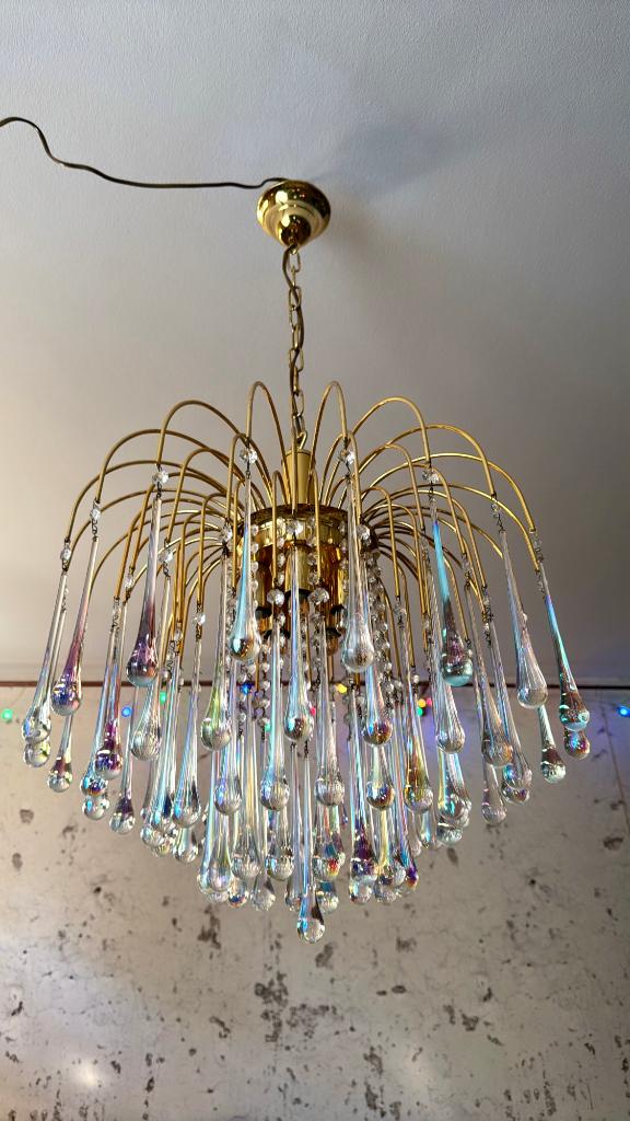 Xl vintage Murano Teardrop kristallen kroonluchter parelmoer, Ophalen, Zo goed als nieuw, Vintage Hollywood Regency, 75 cm of meer