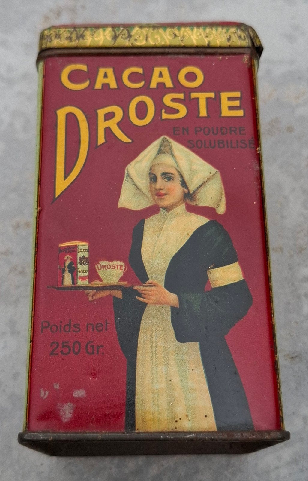 oude tinnen doos voor Droste cacaopoeder van 250 gram., Verzamelen, Ophalen of Verzenden, Overige, Droste