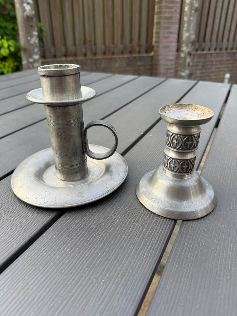 Set van 2 vintage tinnen kandelaars, Ophalen, Gebruikt
