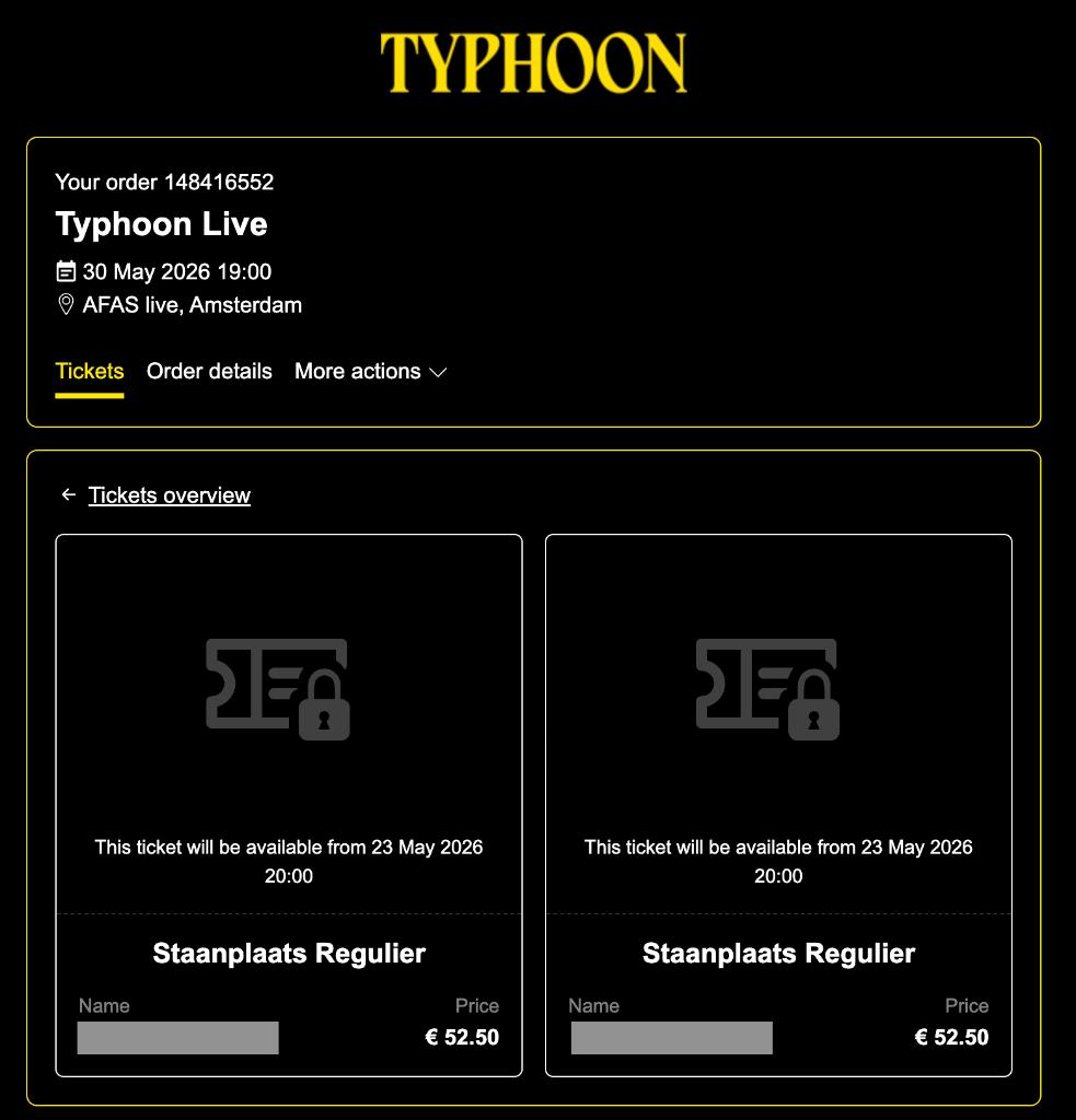 2 staanplaatsen voor Typhoon, 30 mei in AFAS Live, Twee personen, Mei