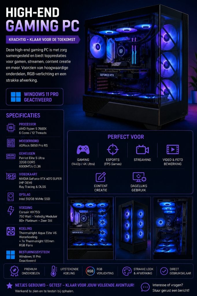 High-End Game PC- Ryzen 7600X | 32GB DDR5 | RTX 4070 SUPER, Ophalen, 32 GB, Zelf gebouwde pc, Zo goed als nieuw