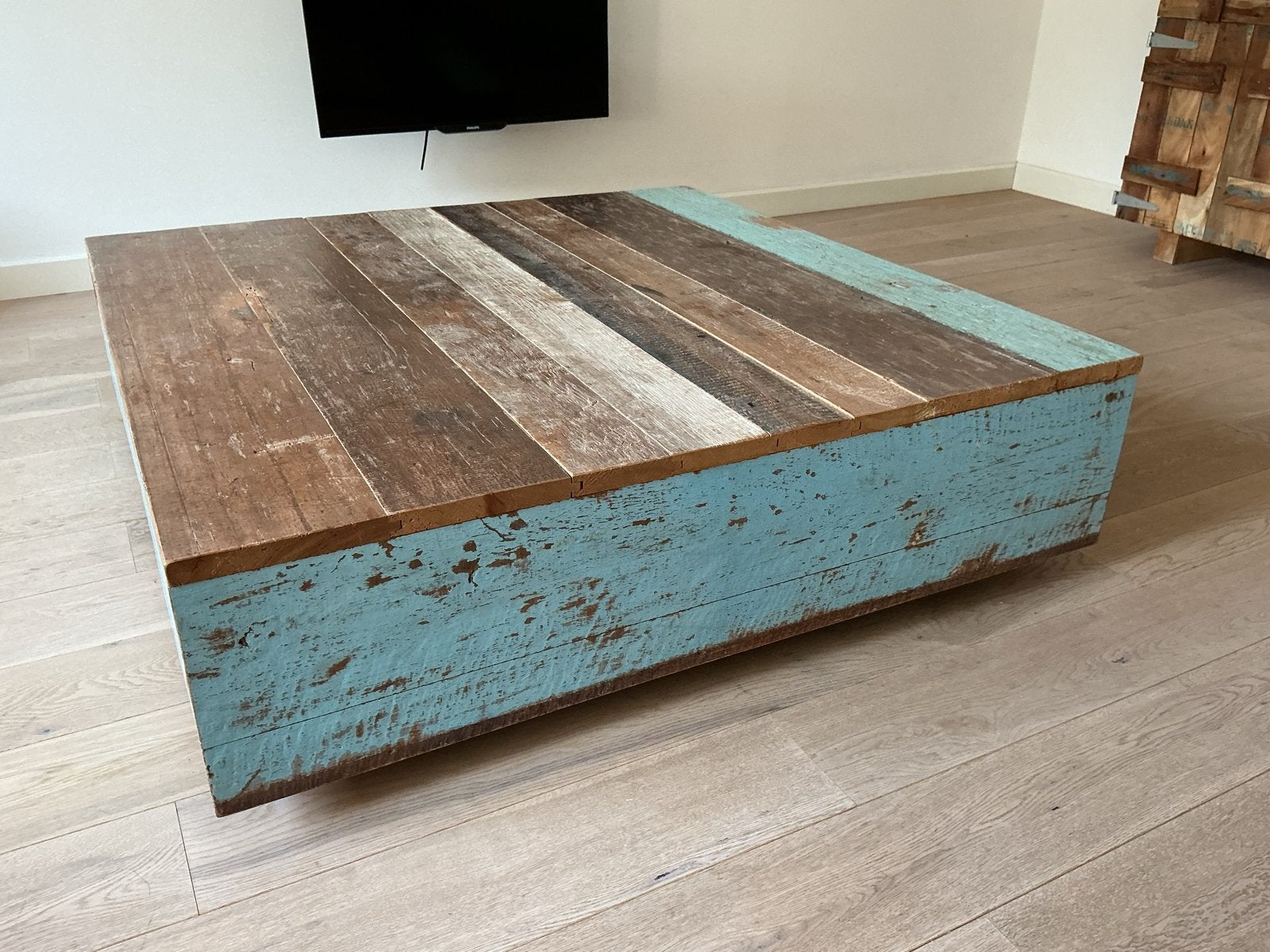 Unieke salontafel van gerecycled Braziliaans boothout, Ophalen, Gebruikt, 100 tot 150 cm, Vierkant