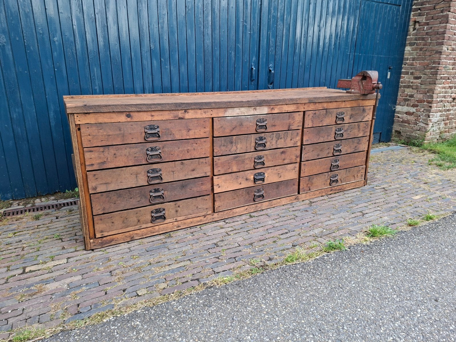 Antieke industriële werkbank, ladenkast, dressoir, Ophalen