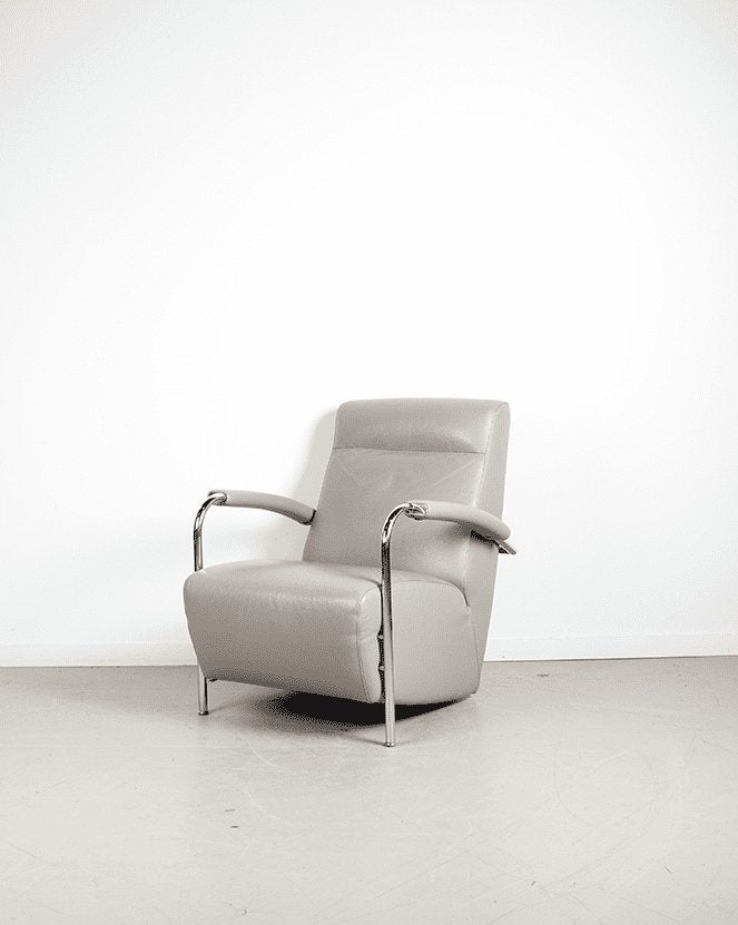 Leolux Scylla Hoog Fauteuil Grijs Leer - Chroom, Niet ingevuld, Leolux, Niet ingevuld, 75 tot 100 cm