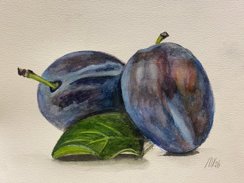 Origineel handgeschilderd schilderij aquarel pruimen, Antiek en Kunst, Ophalen of Verzenden