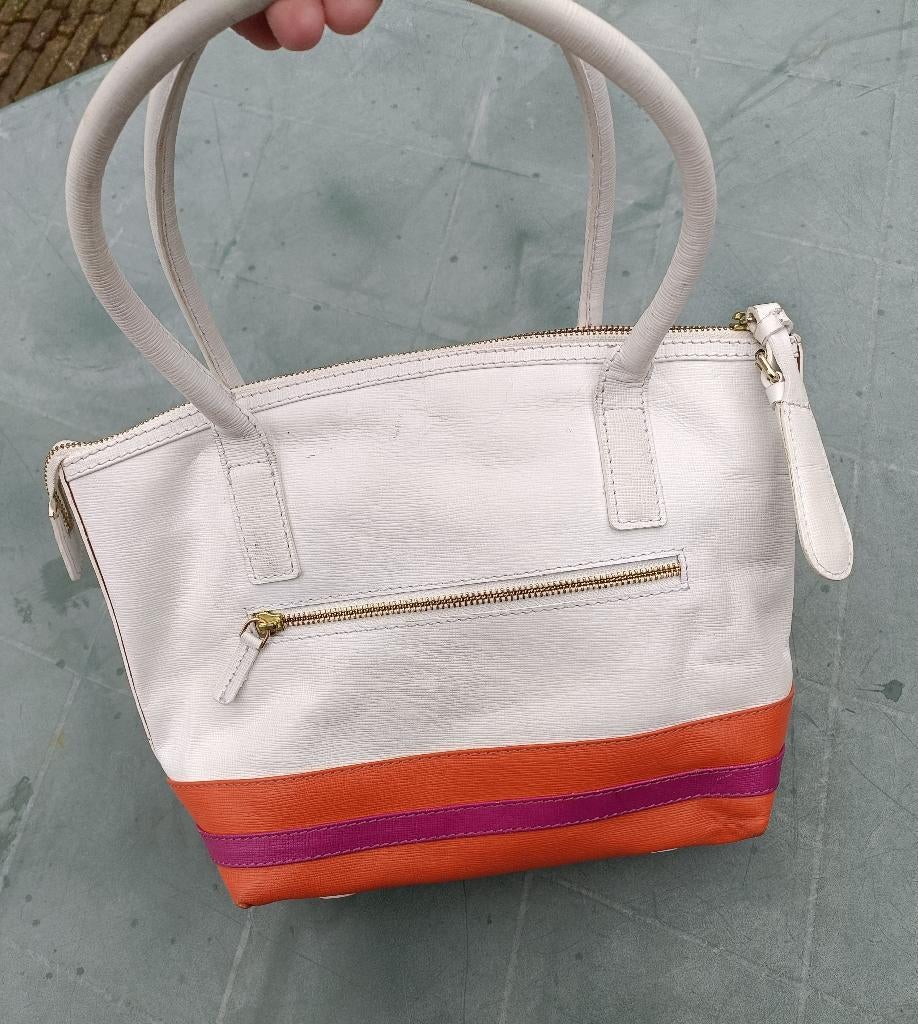 BIJNA GRATIS CRINKLES leren retro tas wit oranje paars (MV25, Ophalen of Verzenden, Gebruikt, Overige kleuren, Handtas