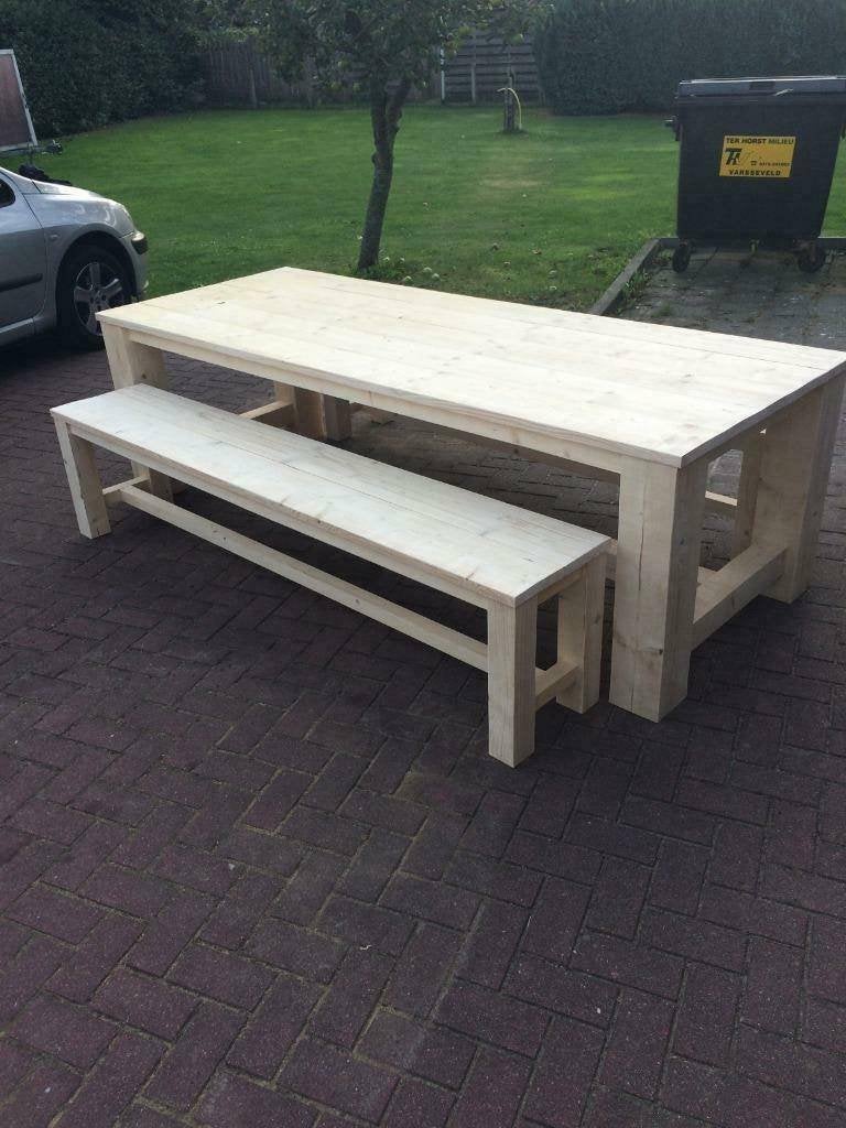 Tuinset / Steigerhouten kloostertafel met 2 kloosterbankje, Ophalen, Gebruikt