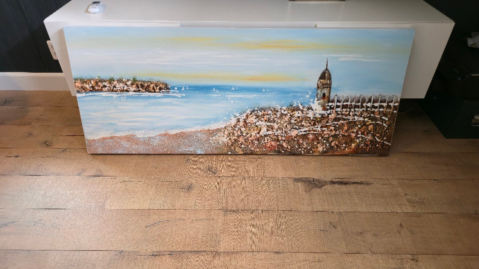 Handgeschilderd olieverfschilderij: Vuurtoren aan Zee, Ophalen of Verzenden