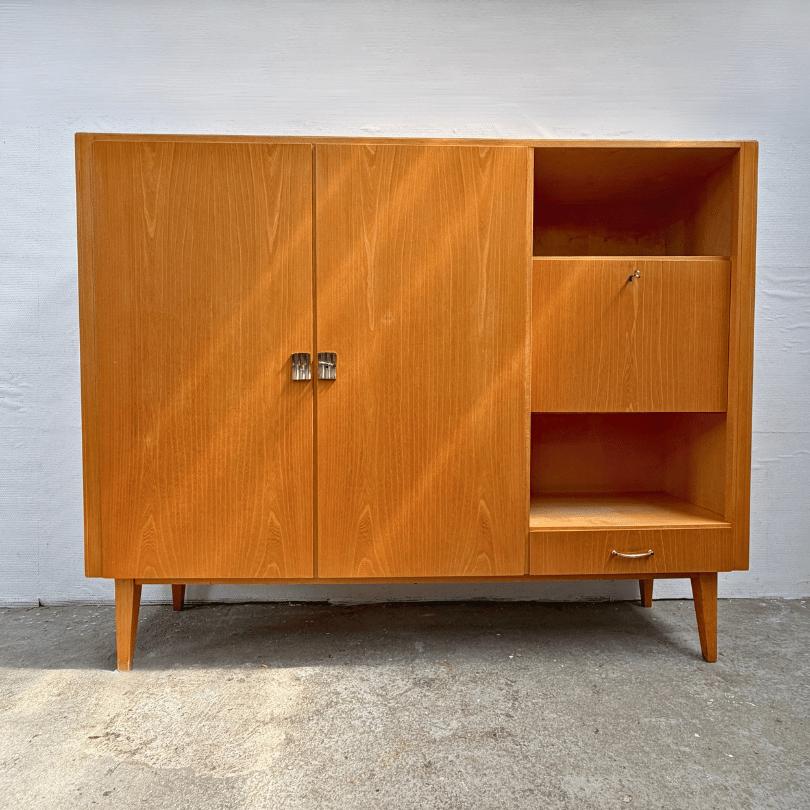 Vintage hoge kast / highboard met werkplek (secretaire) hout, Ophalen, Gebruikt, Midcentury modern - Skandi, Onbekend