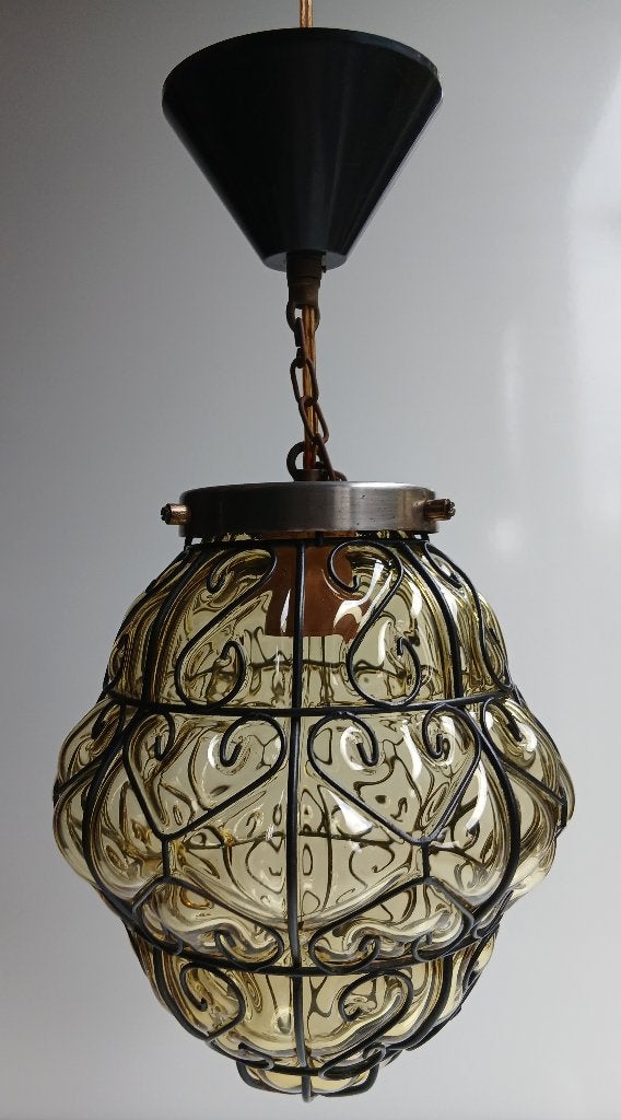Venetiaanse hanglamp, gekooid glas, okergeel, Murano vintage, Gebruikt, Ophalen of Verzenden, Glas, Murano, Venetiaans, Italiaans, vintage, jaren 50