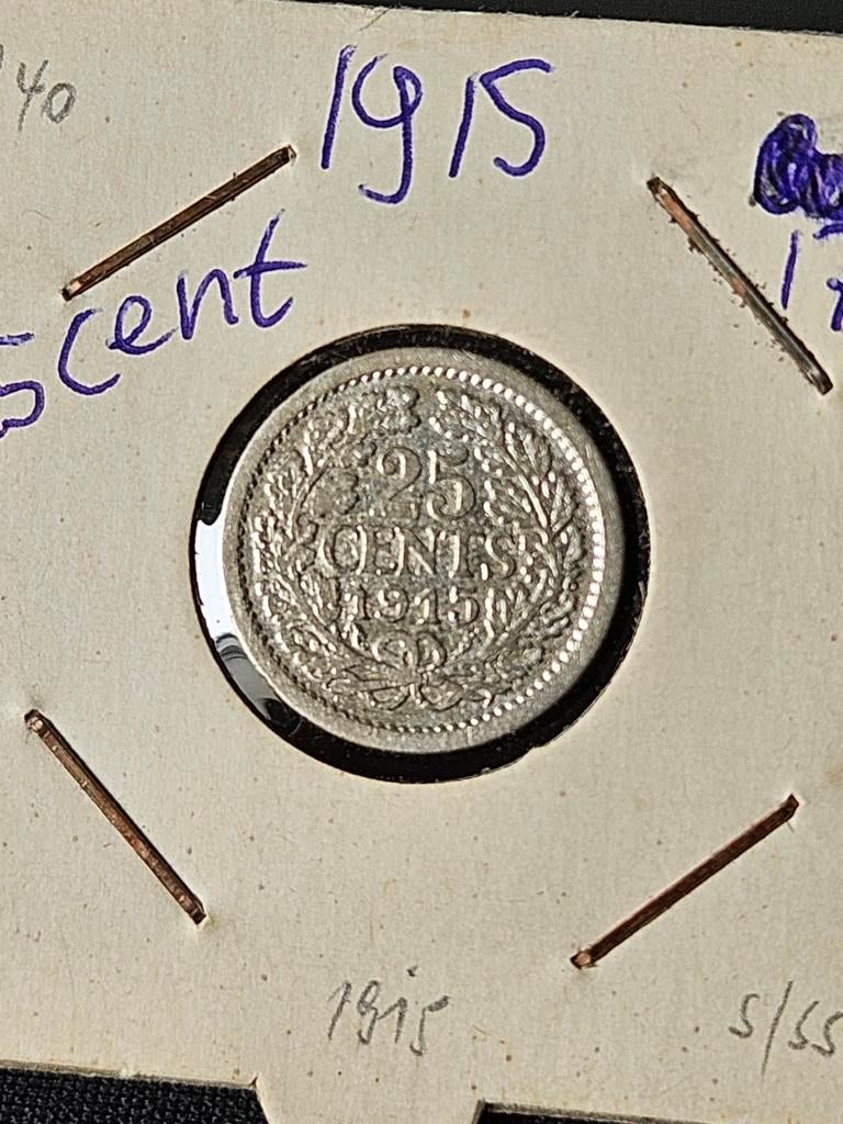 25 cent 1915 Nederland, Postzegels en Munten, Munten | Nederland, Verzenden, Zilver, 25 cent, Koningin Wilhelmina