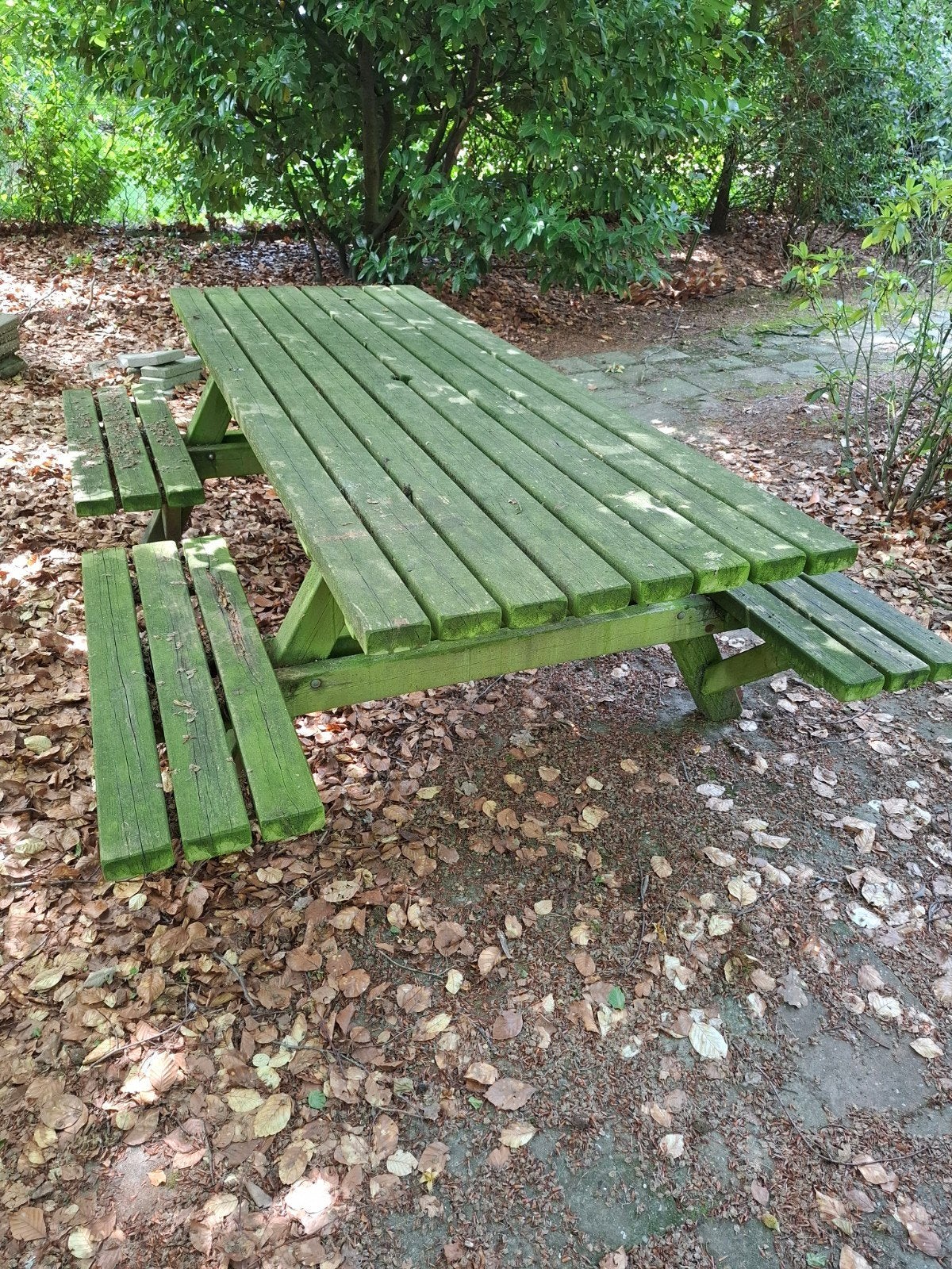 Gratis af te halen 8 pers picknicktafel met bankjes, Tuin en Terras, Ophalen, Gebruikt, Rechthoekig, Hout