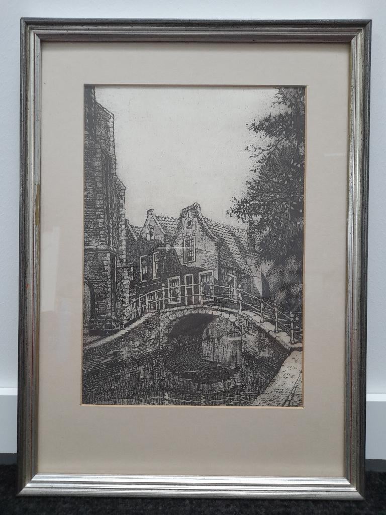 Ingelijst schilderij van gracht, Antiek en Kunst, Kunst | Schilderijen | Klassiek, Ophalen of Verzenden