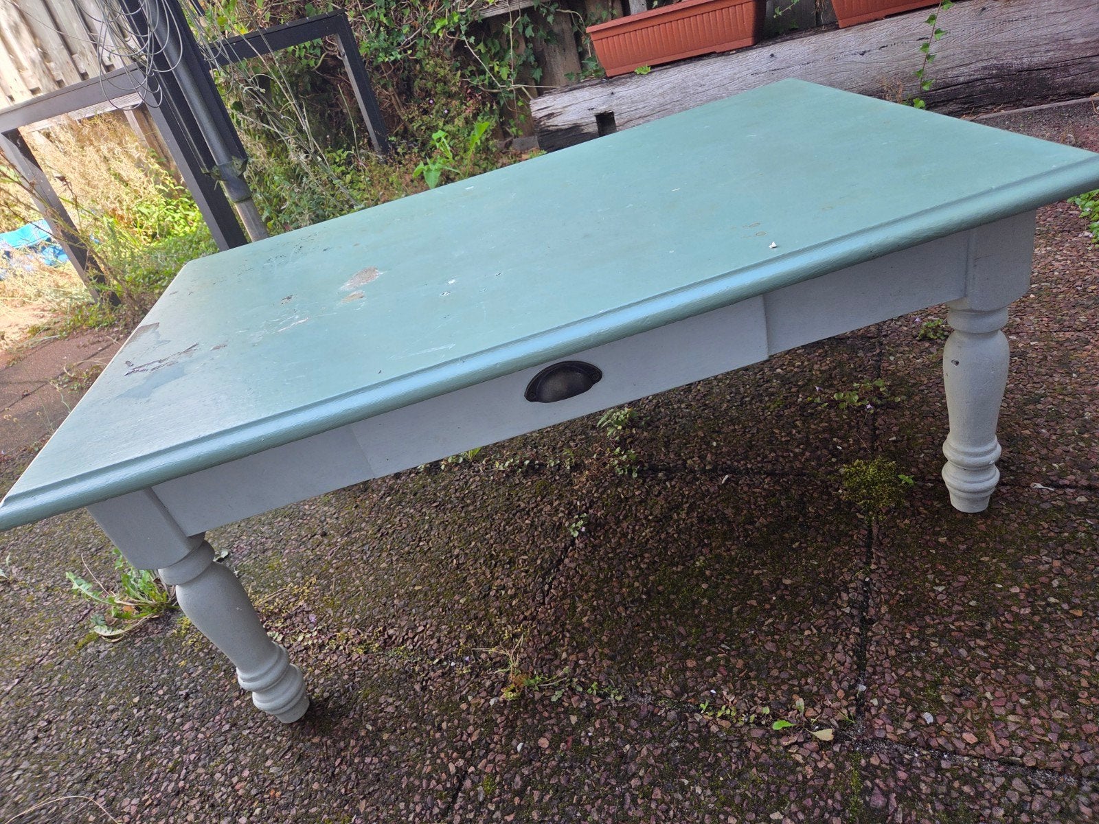 GRATIS houten salontafel met lade - Mintgroen/Wit, Huis en Inrichting, Tafels | Eettafels, Ophalen, Gebruikt, 100 tot 150 cm, 50 tot 100 cm