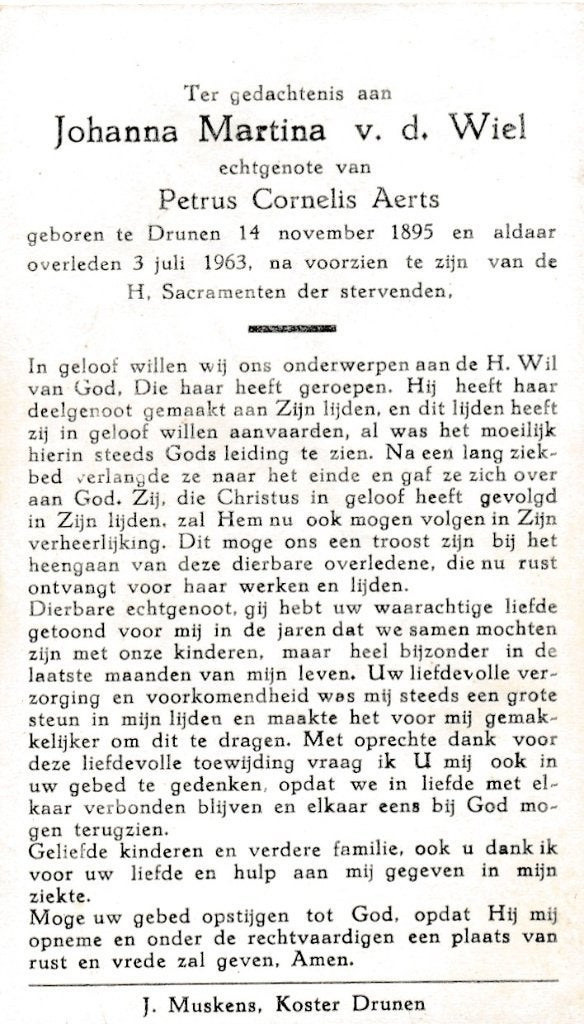 Wiel Johanna 1895 Drunen 1963, Ophalen of Verzenden, Bidprentje