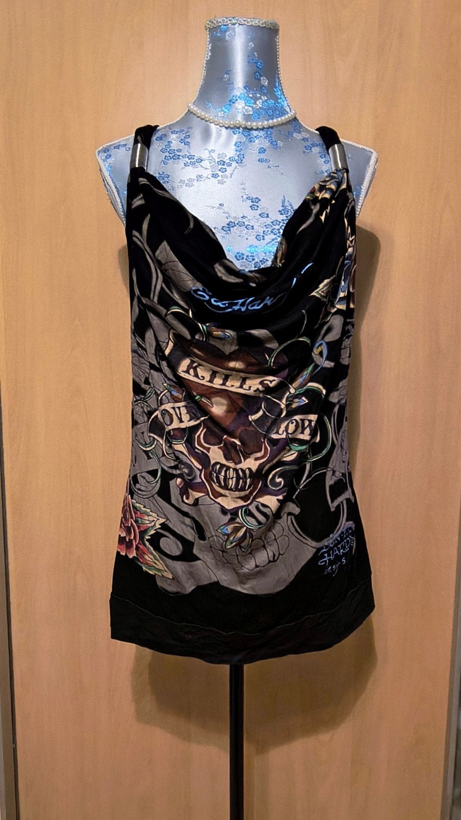Ed Hardy top met doodshoofd en rozenprint, maat L, Zwart, Maat 42/44 (L), Ophalen of Verzenden, Ed Hardy