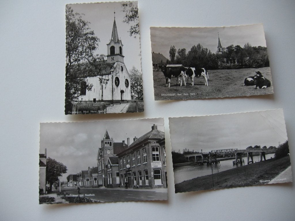 Vier ansichtkaarten, zw/w., Verzamelen, Ansichtkaarten | Nederland, Ophalen of Verzenden, 1940 tot 1960, Gelopen, Groningen