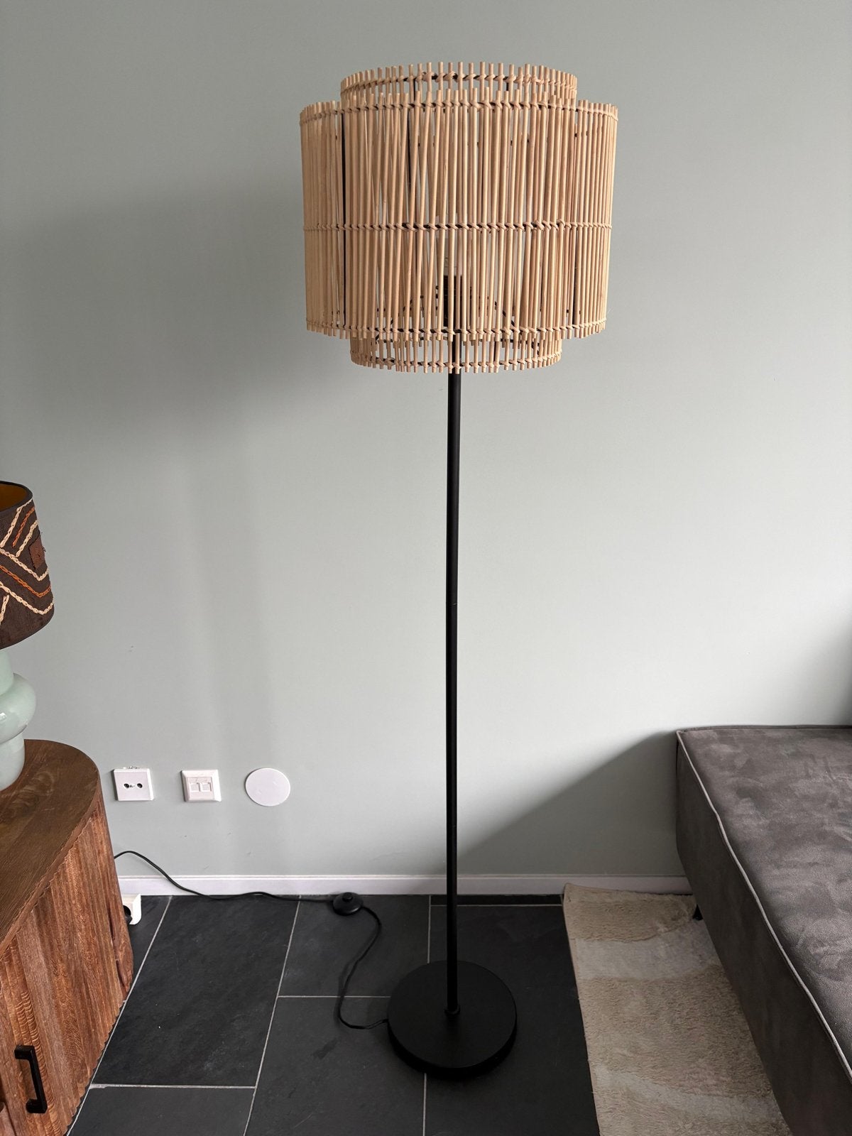 Staande lamp met bamboe kap - Zonder lichtbron, Ophalen, E27 (groot), Zo goed als nieuw, 150 tot 200 cm