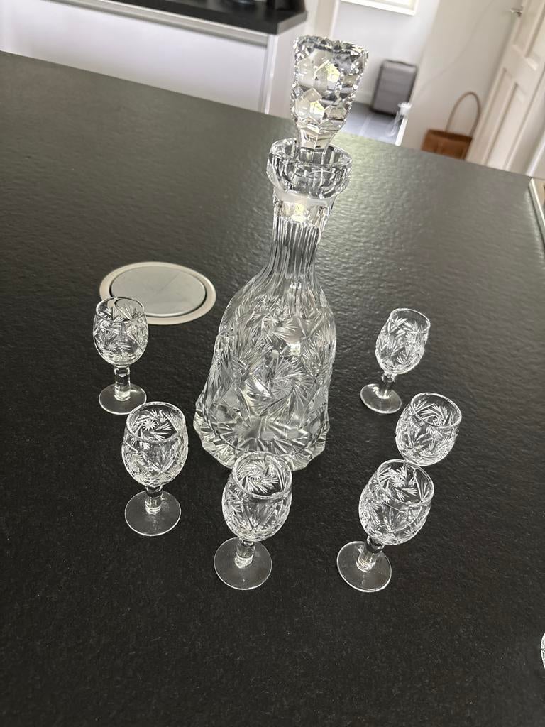 Kristallen karaf met 6 borrelglaasjes, Antiek en Kunst, Ophalen