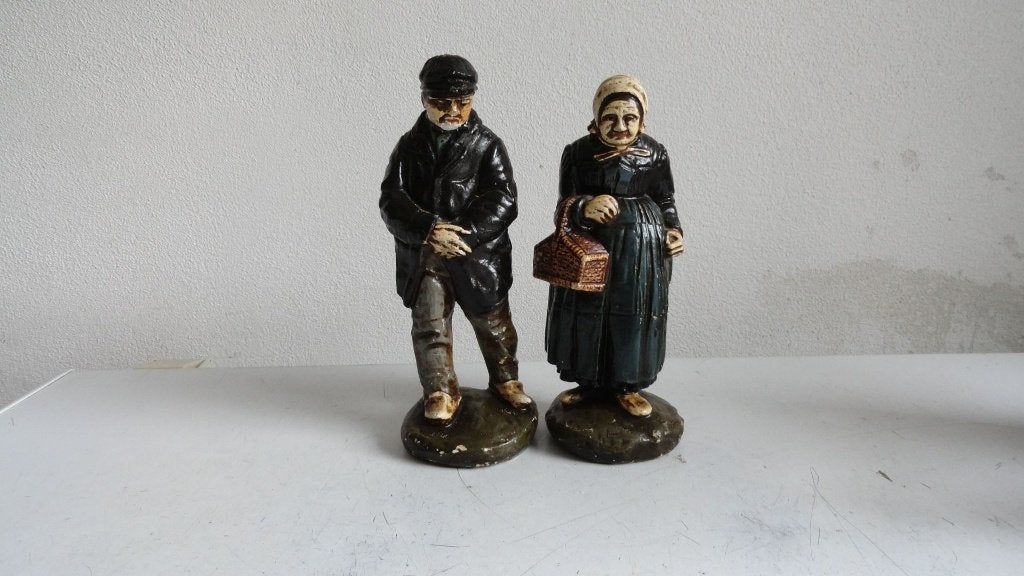Beeldjes, antiek Brabantse boer en boerin, Groep mensen, Handgemaakt, Gips, Ophalen of Verzenden