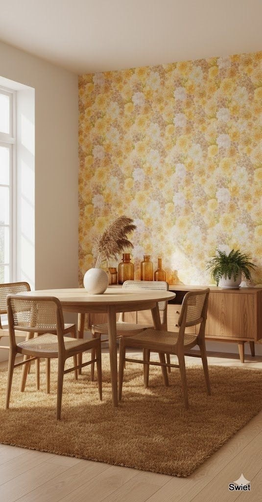 6680 geel vintage bloemenbehang warm honing botergeel swiet, Ophalen of Verzenden, Wit