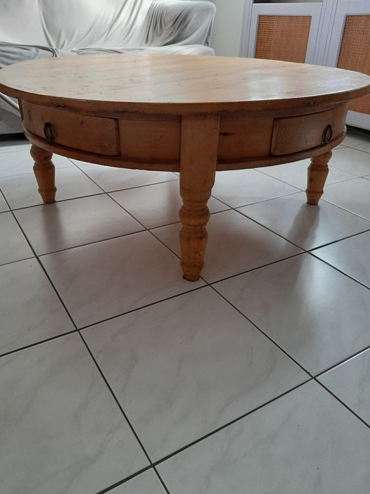 Ronde houten salontafel met lades, Ophalen, Gebruikt, 50 tot 100 cm, Rond
