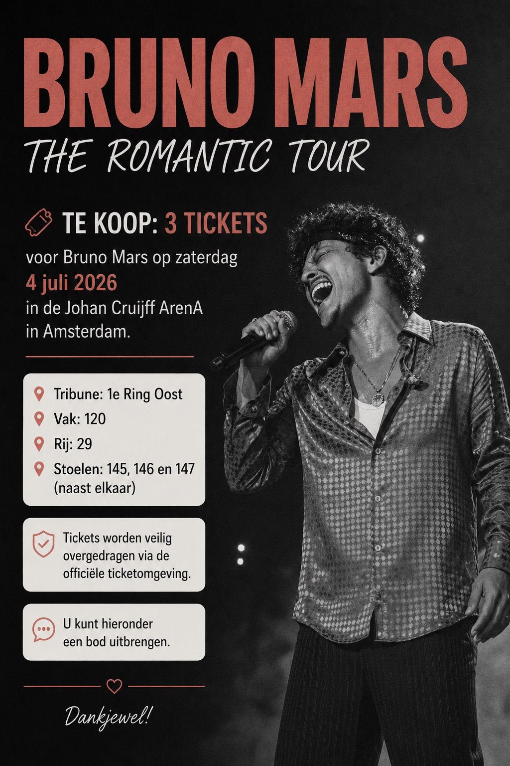 3 x bruno mars tickets, 4 juli, zitplaatsen (naast elkaar), Drie personen of meer, Juli