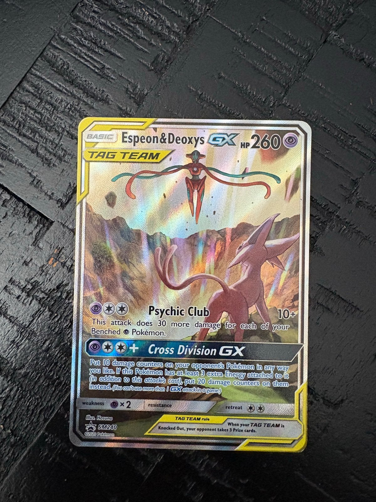 Espeon & Deoxys GX Pokémon kaart met klein wit puntje, Ophalen of Verzenden, Gebruikt, Losse kaart, Foil