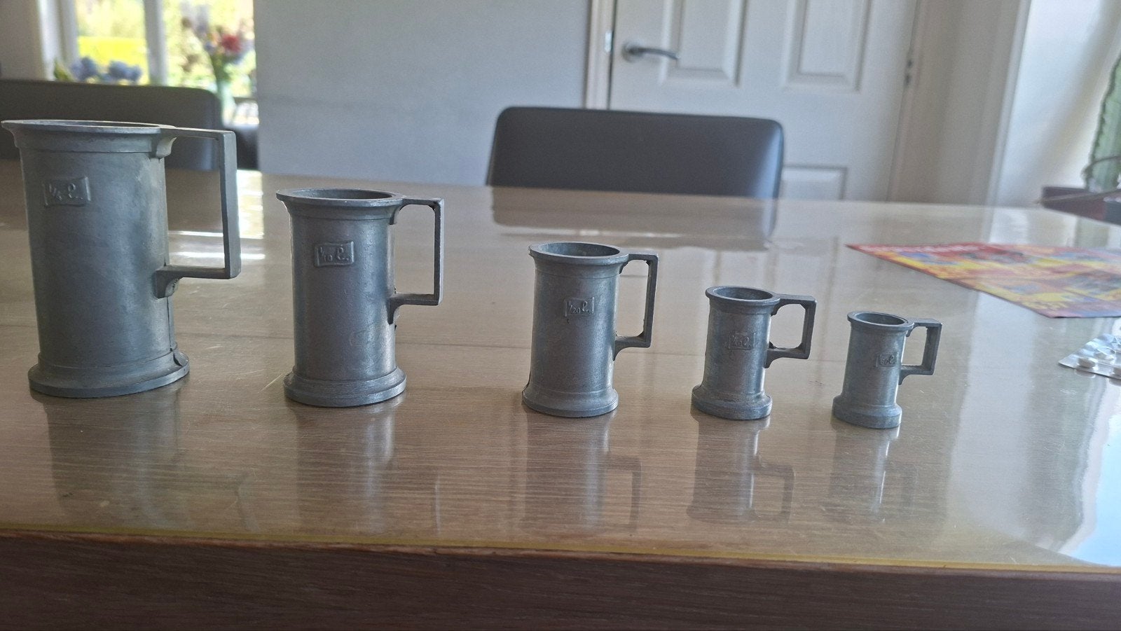 Set van 5 antieke tinnen maatbekersinhoud,, Antiek en Kunst, Ophalen of Verzenden