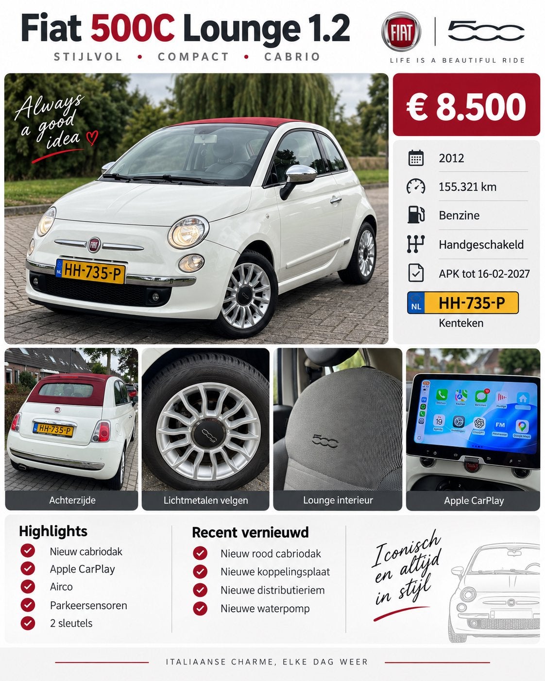 Fiat 500C 1.2 Lounge | Nieuw cabriodak | Apple CarPlay, Voorwielaandrijving, Leder en Stof, Wit, Handgeschakeld