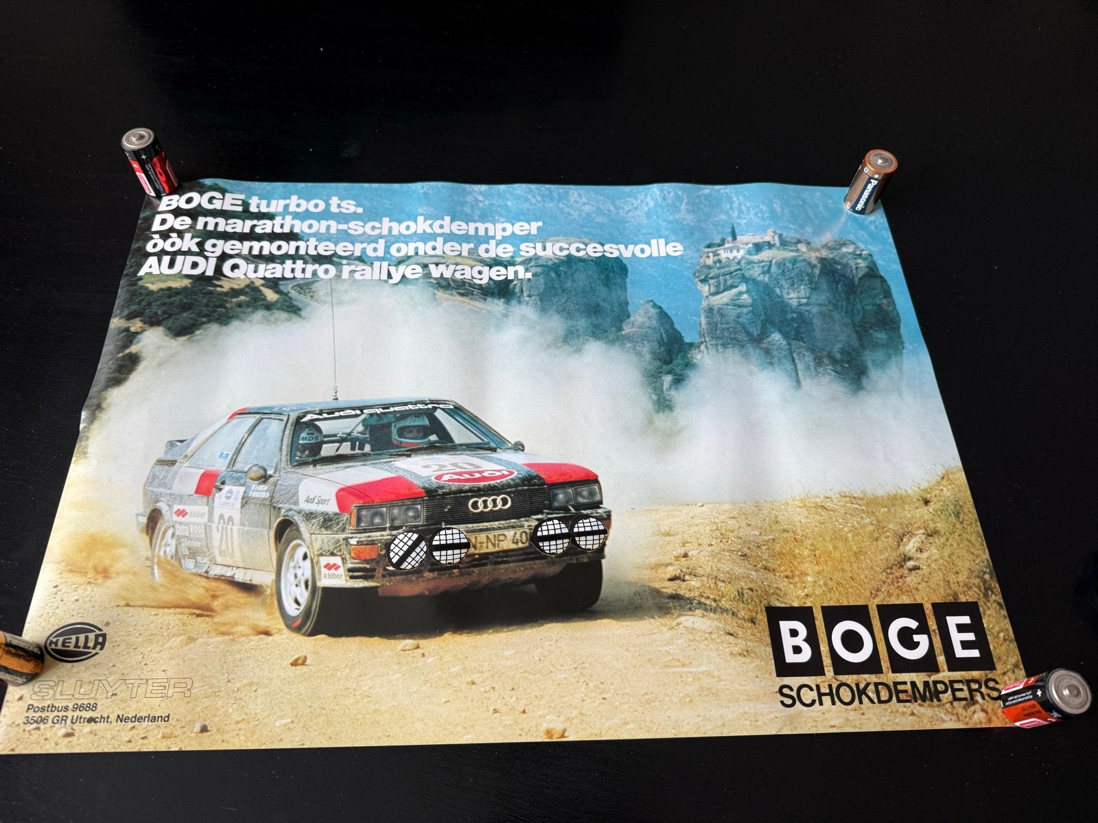 Vintage Audi Quattro Rally Poster - Boge Schokdempers, Verzamelen, Posters, Ophalen, Gebruikt, Rechthoekig Liggend, A1 t/m A3