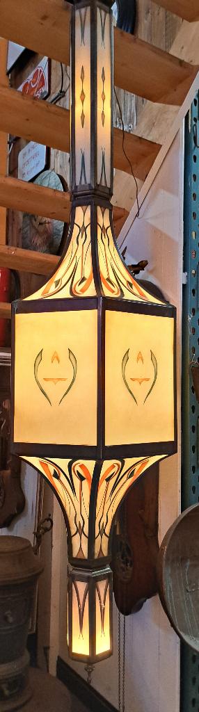 Unieke grote Art Deco hanglamp 190 cm lang en met echt glas, Ophalen