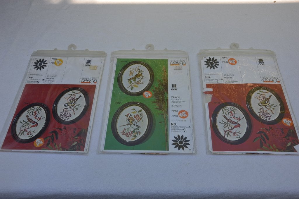 3 Vintage borduurpakketten Oehlenslager design diverse vogel, Ophalen of Verzenden, Nieuw, Handborduren, Borduurpakket