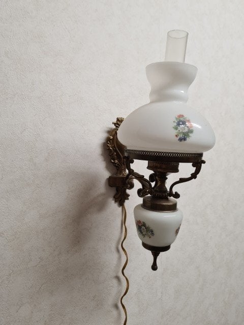 Schemerlamp antiek met bedrukt melkglas, Ophalen of Verzenden