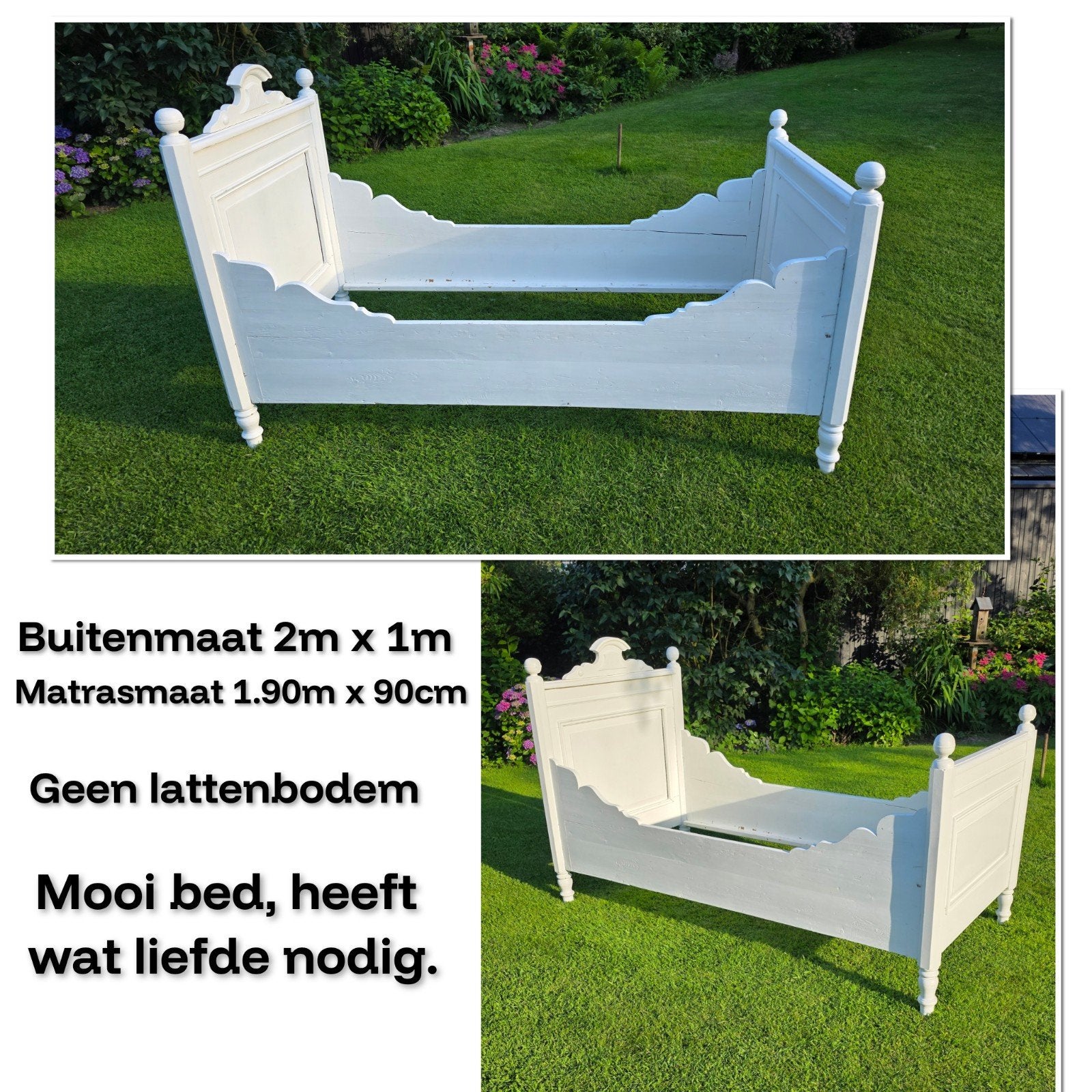 Brocante houten bed, Ophalen, Gebruikt, Eenpersoons, Wit