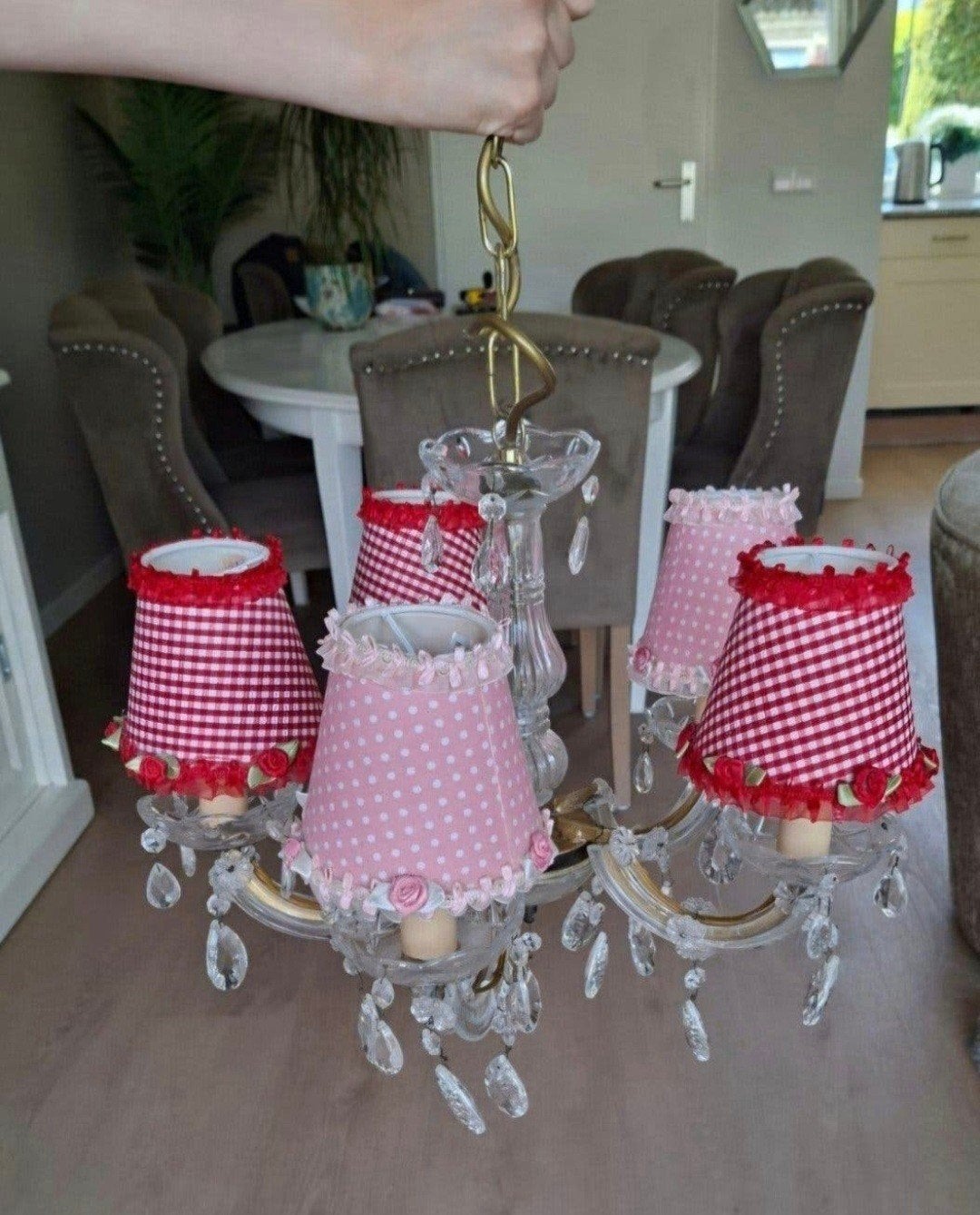 Schitterende kristallen lamp met kapjes, Huis en Inrichting, Ophalen of Verzenden, Gebruikt, Glas, Romantisch