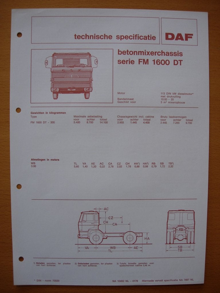 DAF FM 1600 DT Technische Specificatie folder 1976 – 4x2, Ophalen of Verzenden, Zo goed als nieuw, Overige merken, DAF