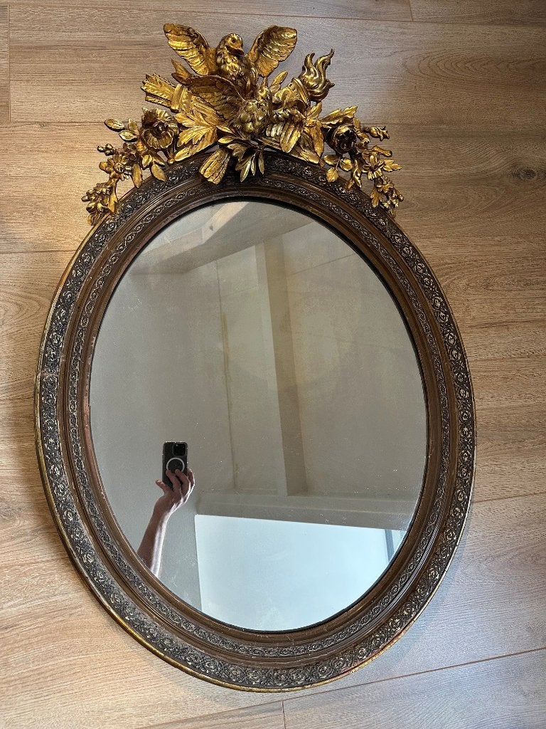 Antieke ovale kuifspiegel, Antiek en Kunst, Antiek | Spiegels, Ophalen, Ovaal, 50 tot 100 cm, Minder dan 100 cm